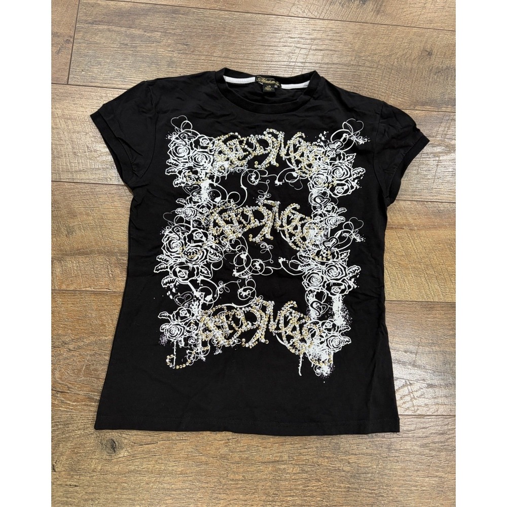 Vintage Y2k Akademiks Studded Baby Top Shirt Black White Large Grunge